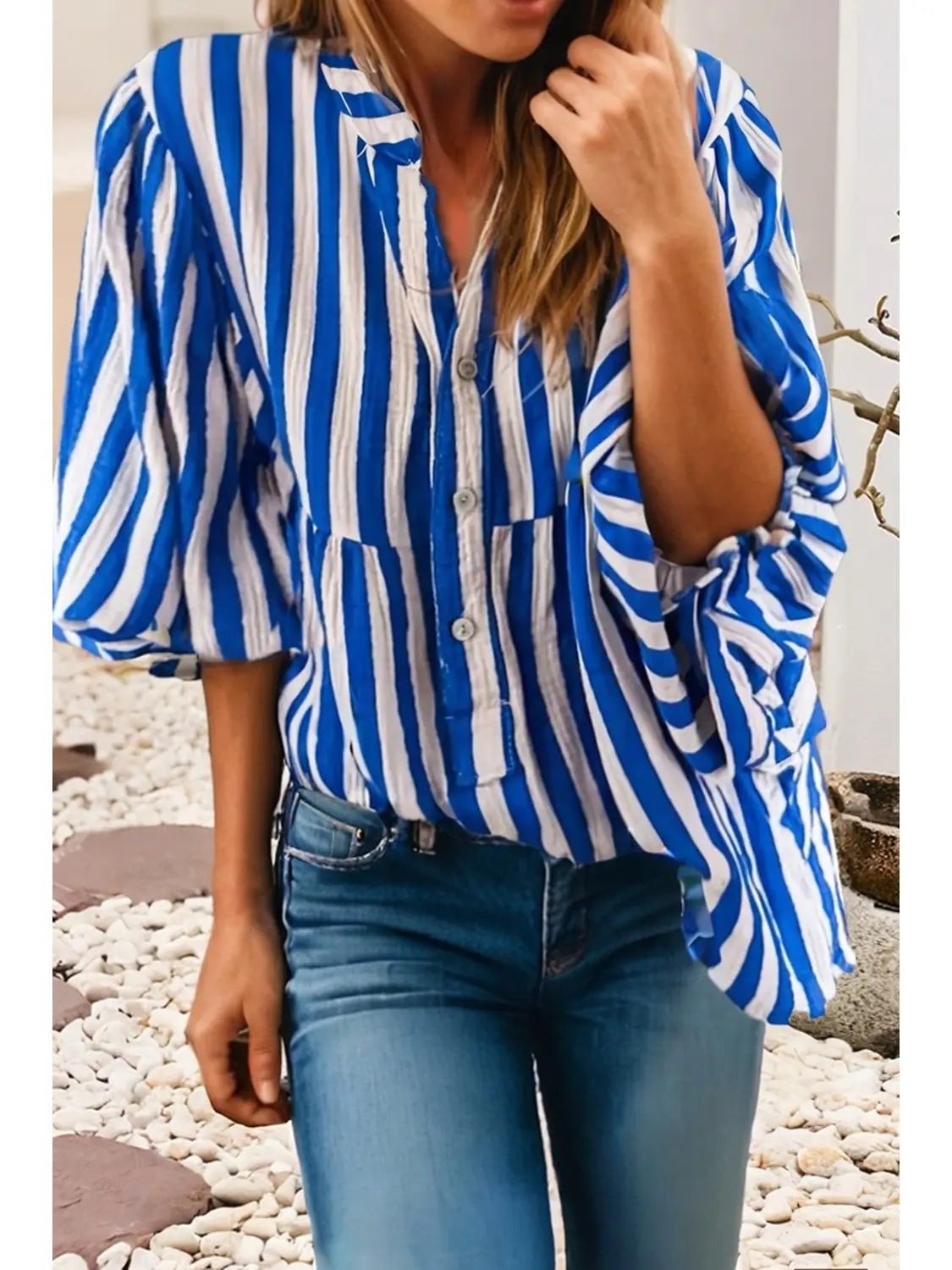 Blue & White Balloon Sleeve Top