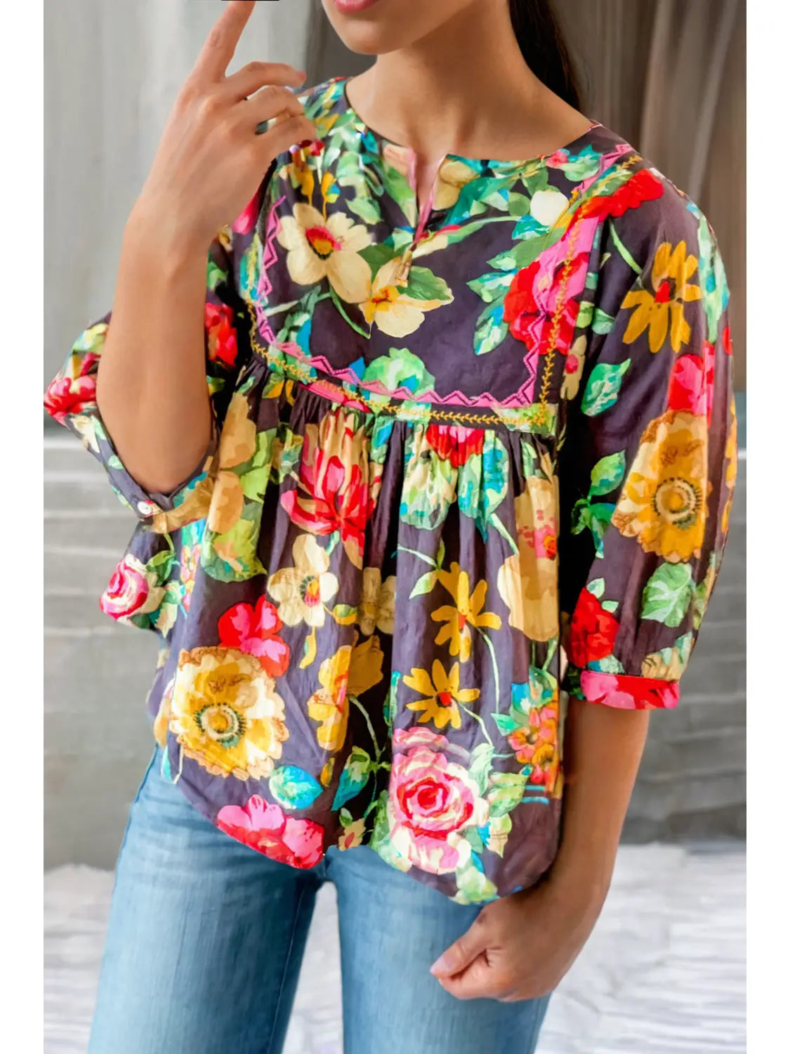 Ivy Grey Rose Peasant Top