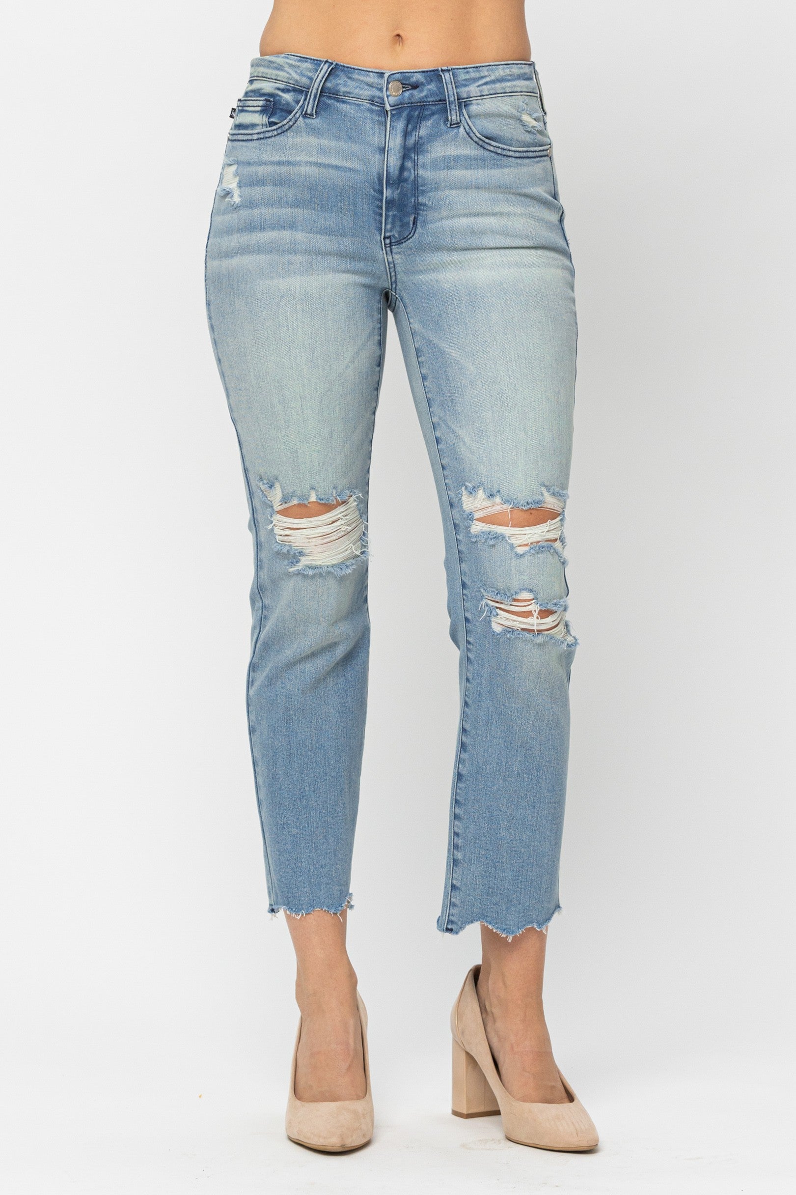 Judy Blue Mid Rise Tinted Wash & Destroy Crop Straight