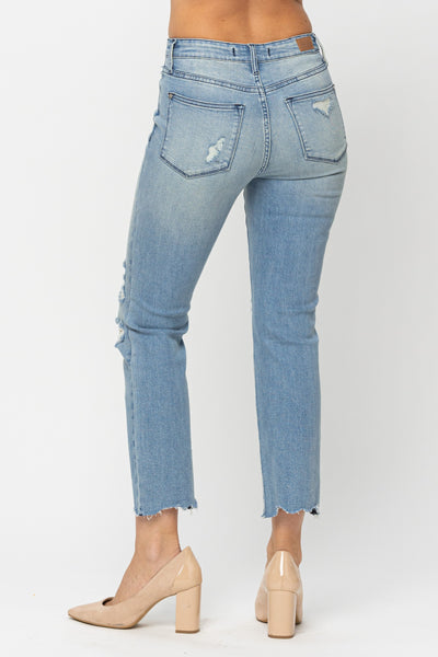 Judy Blue Mid Rise Tinted Wash & Destroy Crop Straight