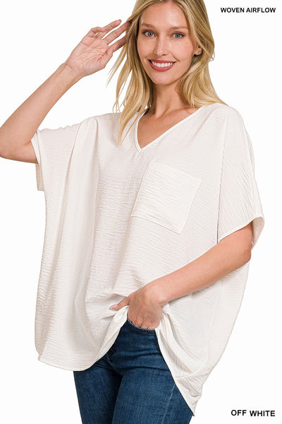 WOVEN V-NECK DOLMAN SHORT SLEEVE TOP