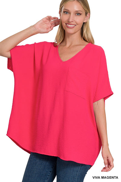 WOVEN V-NECK DOLMAN SHORT SLEEVE TOP