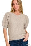 MELANGE PUFF SHORT SLEEVE ROUND NECK SWEATER