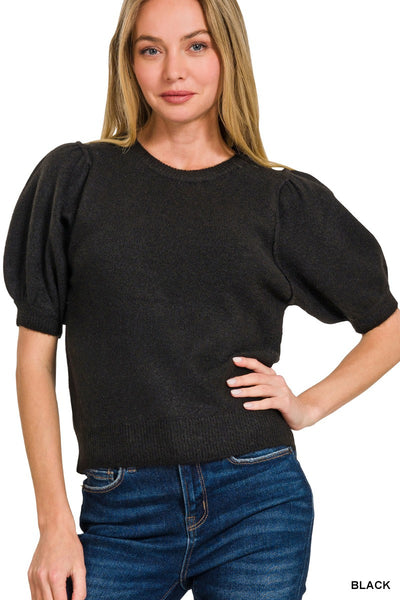 MELANGE PUFF SHORT SLEEVE ROUND NECK SWEATER