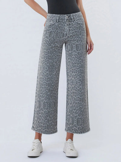 Vervet High Rise Grey Leopard Print Crop Wide Leg Jeans