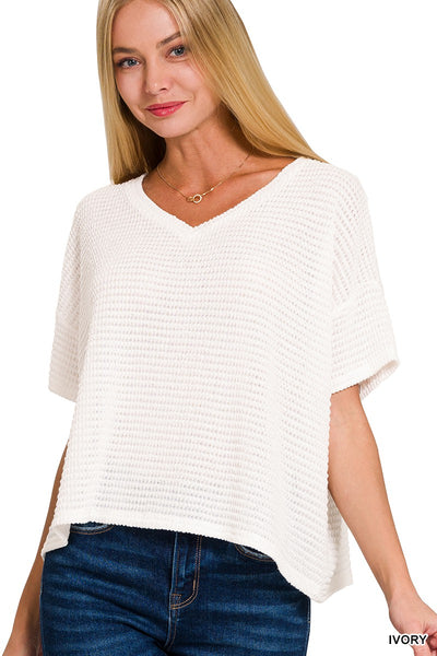 Drop Shoulder Short Sleeve Jacquard Sweater