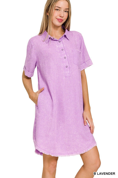 Washed Linen Raw Edge Button Down V-Neck Dress