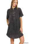 Washed Linen Raw Edge Button Down V-Neck Dress