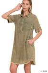 Washed Linen Raw Edge Button Down V-Neck Dress