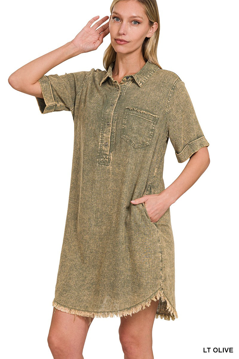 Washed Linen Raw Edge Button Down V-Neck Dress - Bleu & Co Washed Linen Raw Edge Button Down V-Neck Dress - Bleu & Co