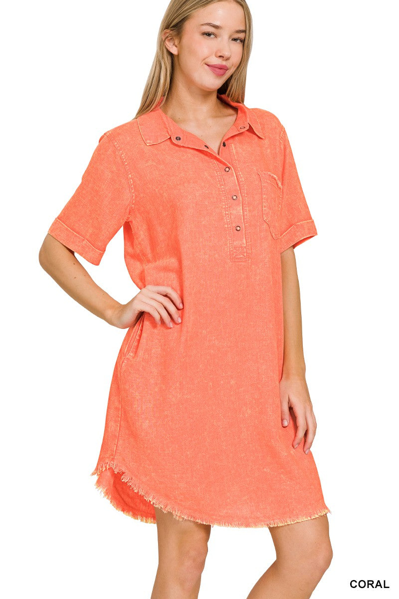 Washed Linen Raw Edge Button Down V-Neck Dress - Bleu & Co Washed Linen Raw Edge Button Down V-Neck Dress - Bleu & Co