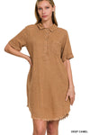 Washed Linen Raw Edge Button Down V-Neck Dress