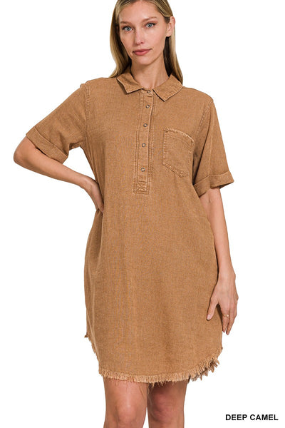 Washed Linen Raw Edge Button Down V-Neck Dress