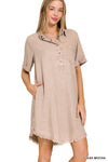 Washed Linen Raw Edge Button Down V-Neck Dress