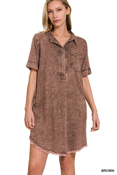 Washed Linen Raw Edge Button Down V-Neck Dress