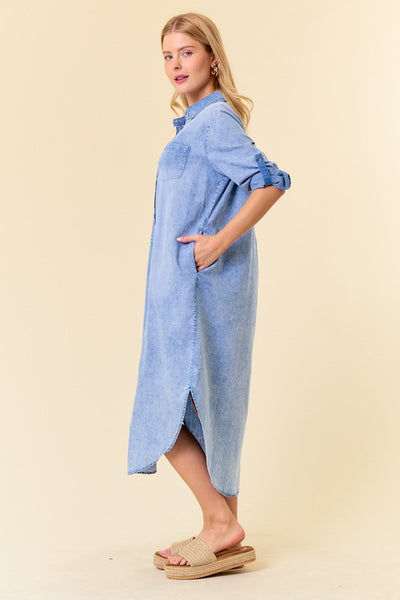 ROLL TAB 3/4 SLEEVE TENCEL DENIM SHIRT MIDI DRESS