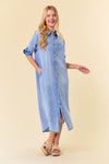 ROLL TAB 3/4 SLEEVE TENCEL DENIM SHIRT MIDI DRESS