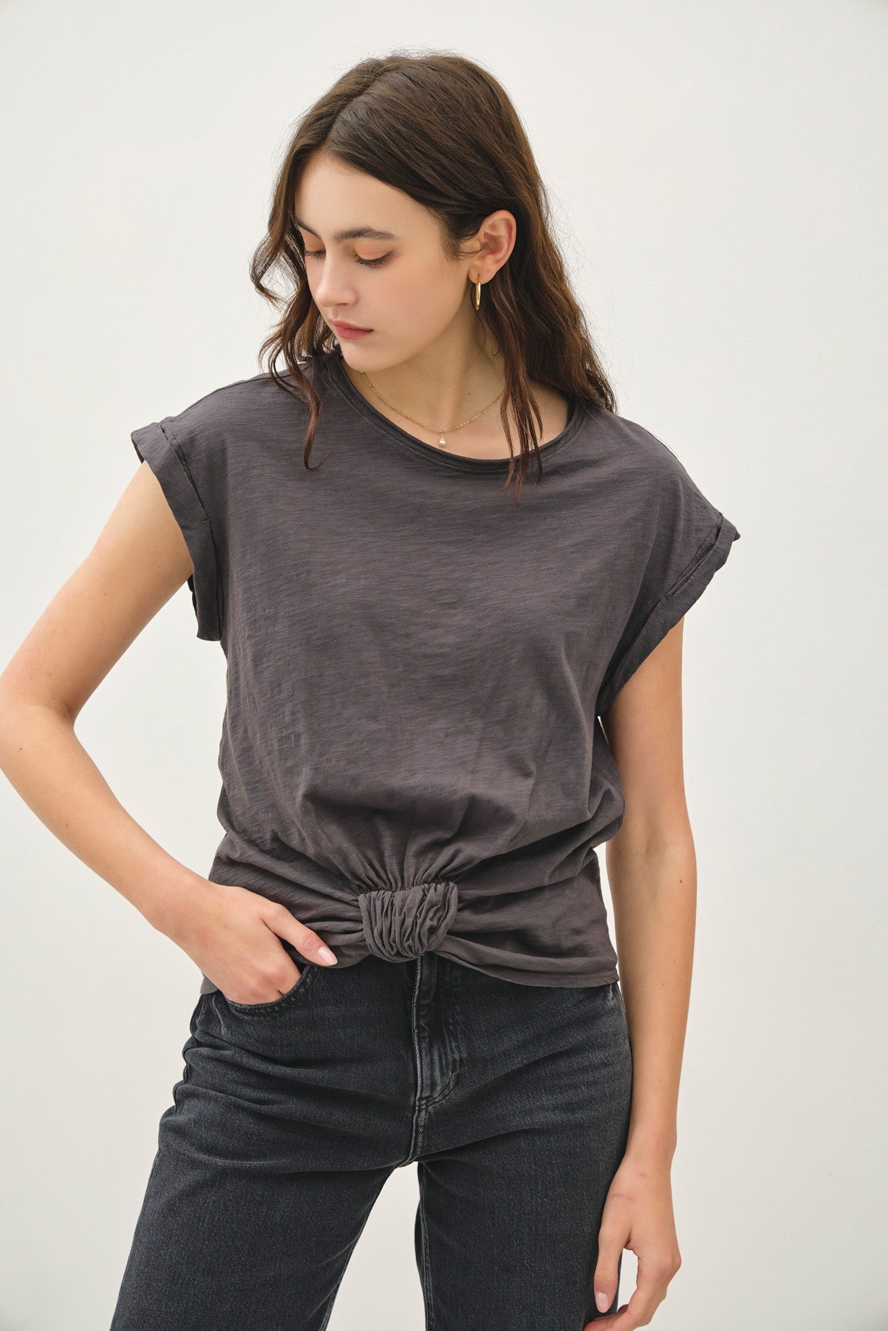 Front Knot Rolled Cap Sleeve Tee