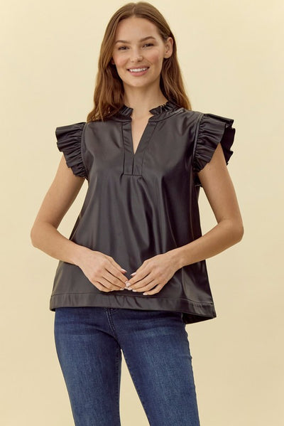 Faux Leather Ruffle Sleeve Top