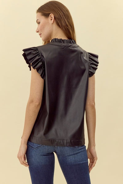 Faux Leather Ruffle Sleeve Top