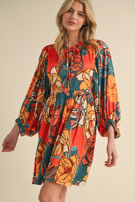 Floral Print Draped Sleeves Dress