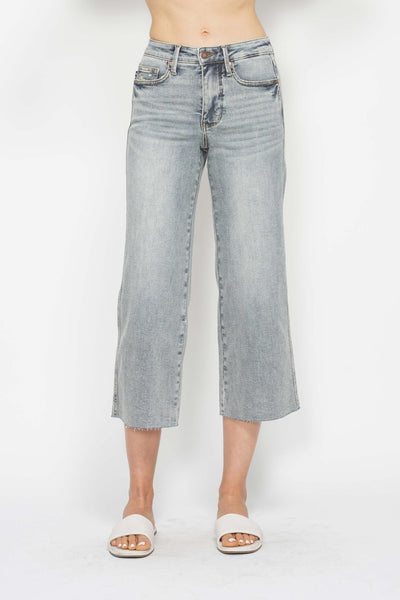 Judy Blue Mid Rise Tummy Control Raw Hem Crop Wide