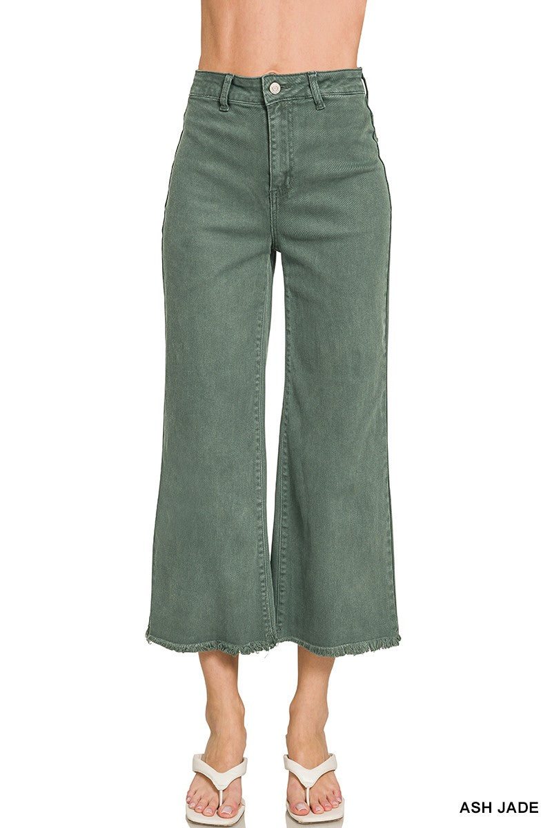 Zenana Frayed Hem Pants in Ash Jade