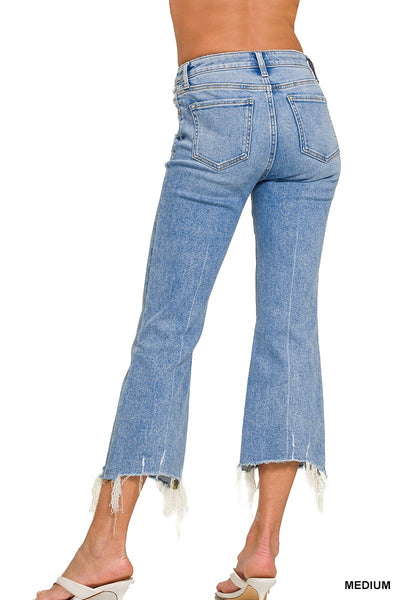 Zenana Medium Washed Kick Crop Flare Denim Pants