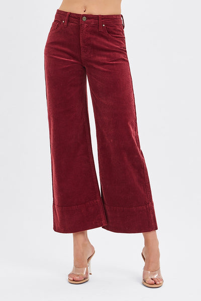Risen High Rise Crop Wide Corduroy Pants in Wine