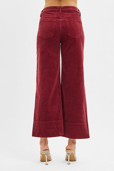 Risen High Rise Crop Wide Corduroy Pants in Wine