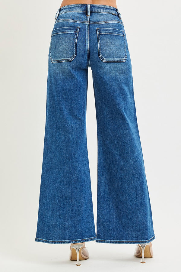 Risen High Rise Wide Jeans With Front Yoke Seam - Bleu & Co
