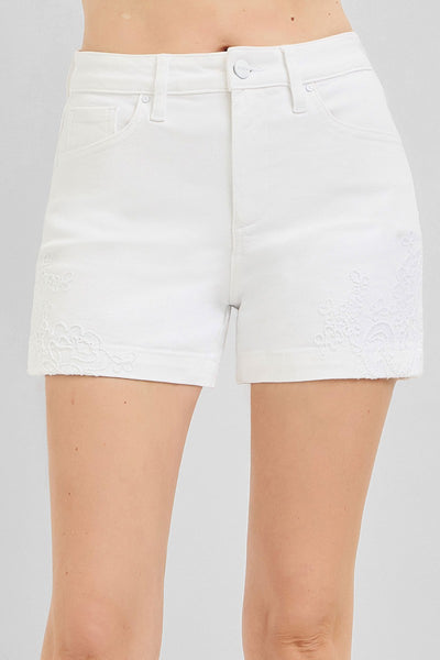 Risen Tummy Control High Rise White Embroidered Shorts