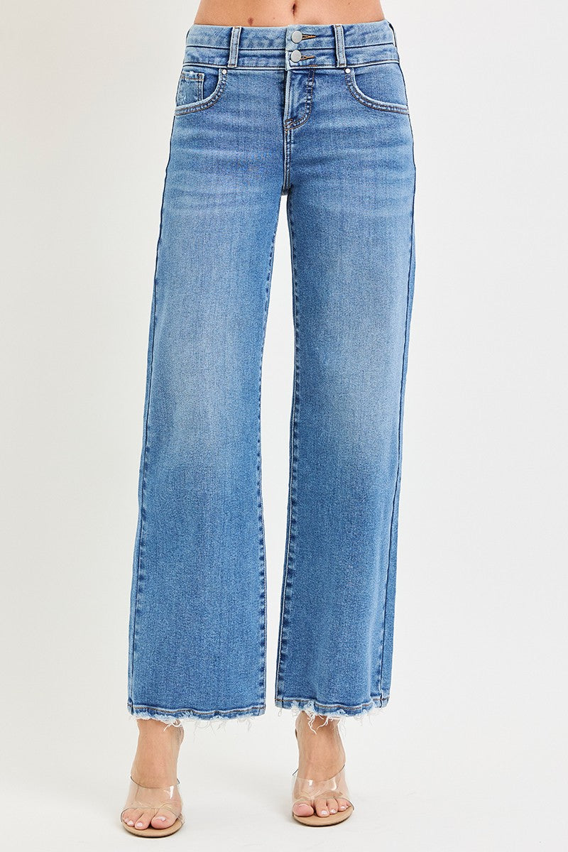 Risen Tummy Control High Rise Wide Jeans With Double Waist Details
