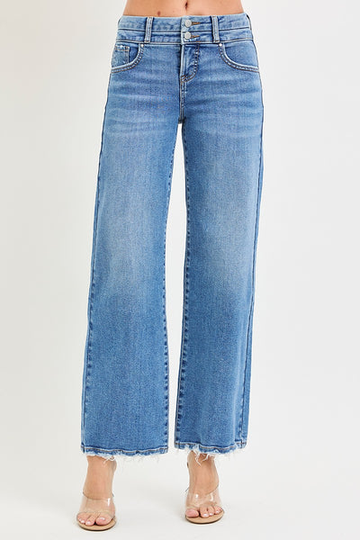 Risen Tummy Control High Rise Wide Jeans With Double Waist Details