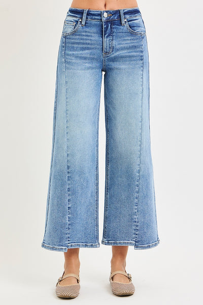 Risen Mid Rise Crop Wide Jeans With Front Step Hem Details