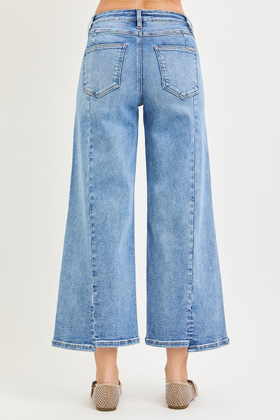 Risen Mid Rise Crop Wide Jeans With Front Step Hem Details
