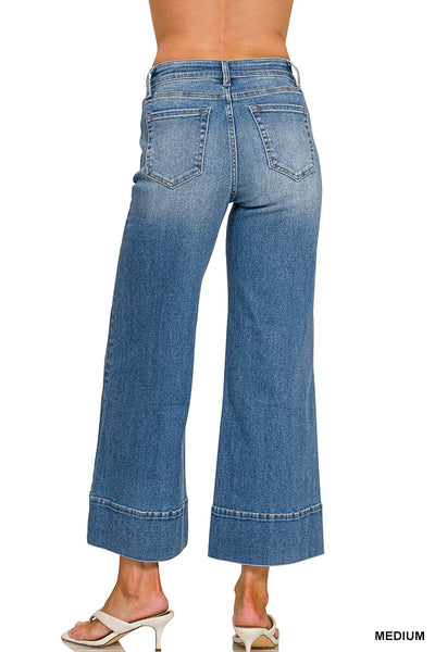 Zenana Cropped Wide Leg Pintuck Denim Pants