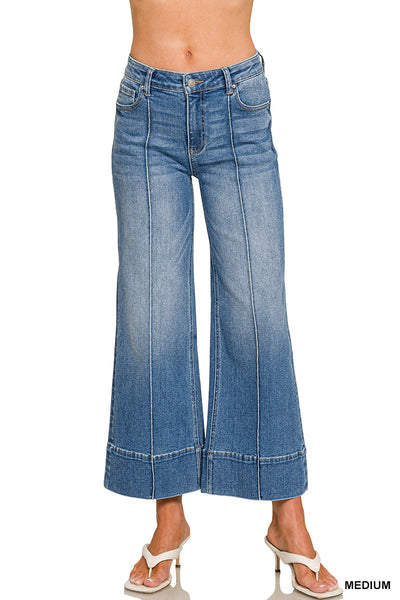 Zenana Cropped Wide Leg Pintuck Denim Pants