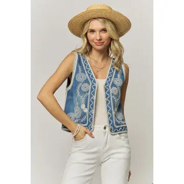 Embroidered Boho Denim Vest