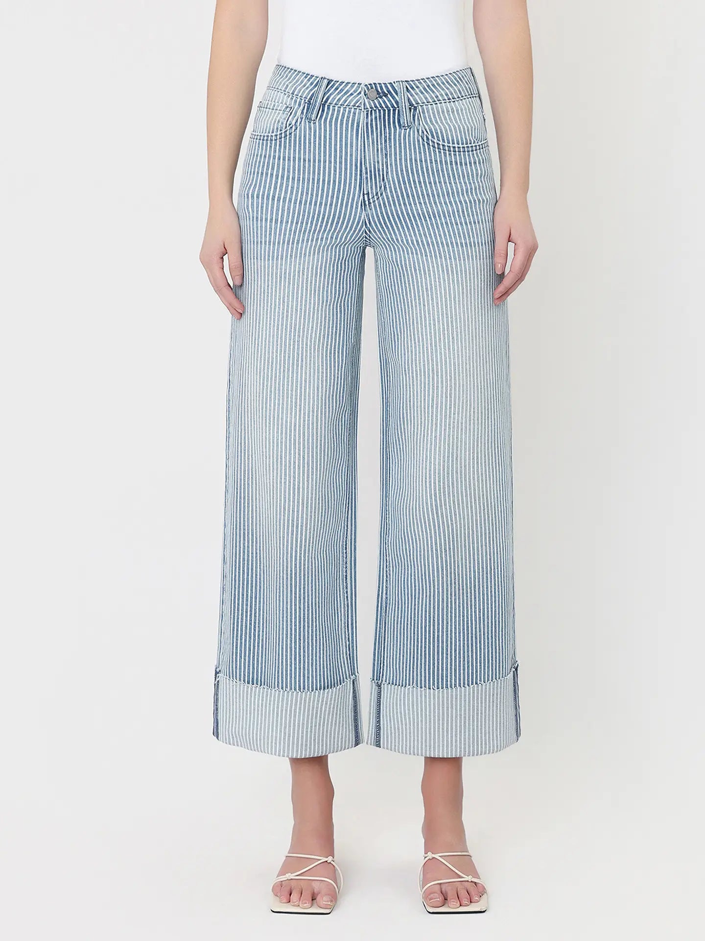Vervet by Flying Monkey High Rise Cuffed Striped Crop Wide Jeans