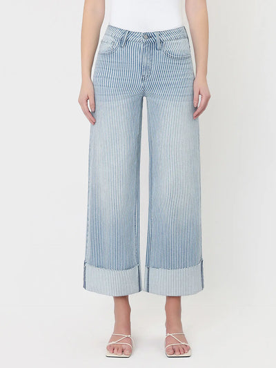 Vervet by Flying Monkey High Rise Cuffed Striped Crop Wide Jeans