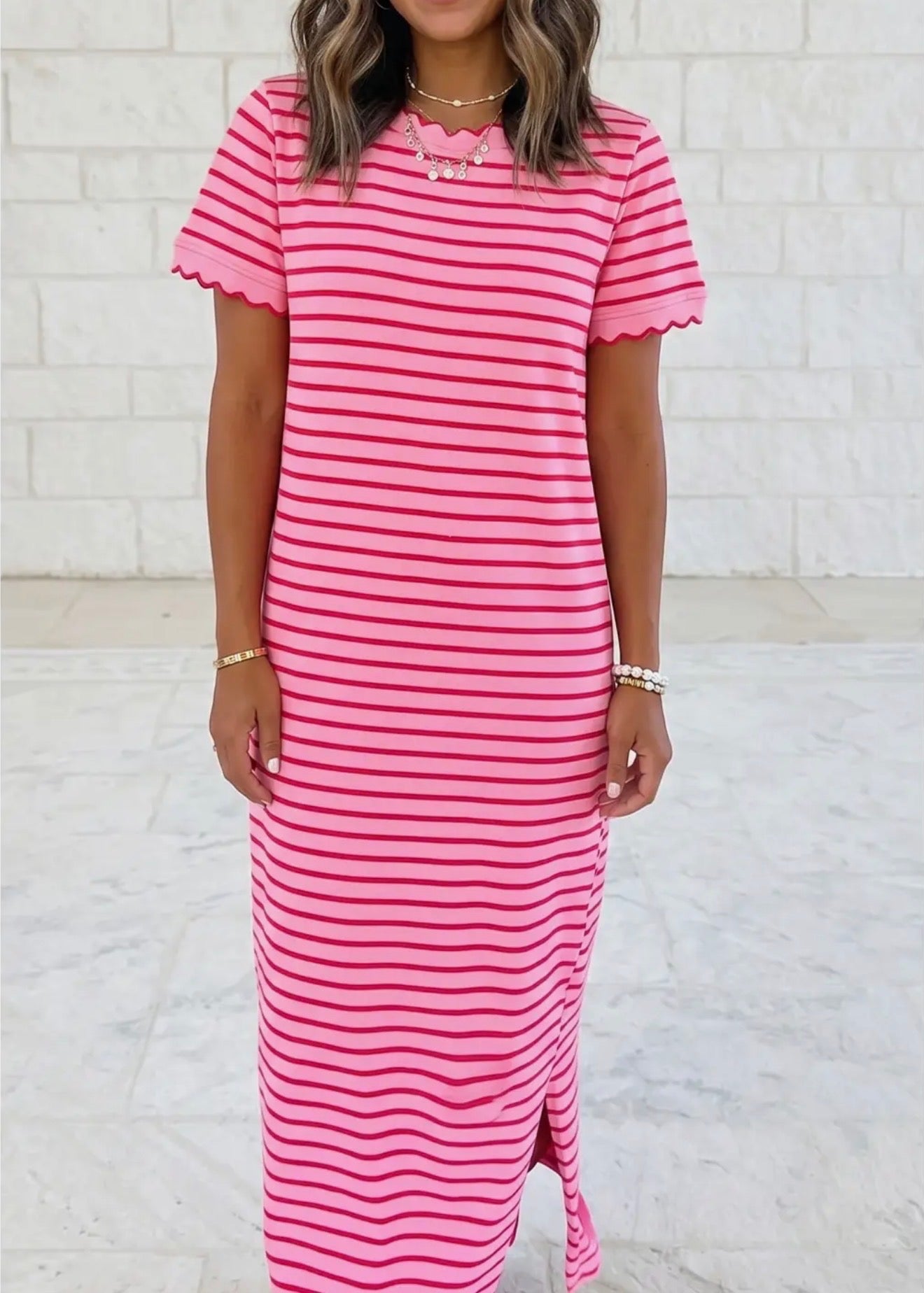 Scallop Trim Red & Pink Stripes Dress