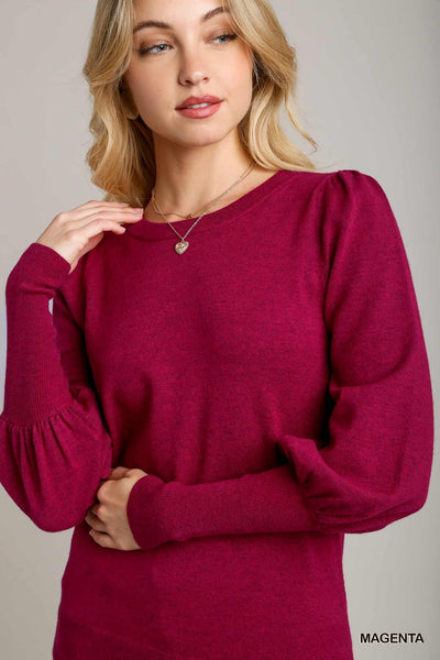 Boat Neck Knit with Shirring Sleeves