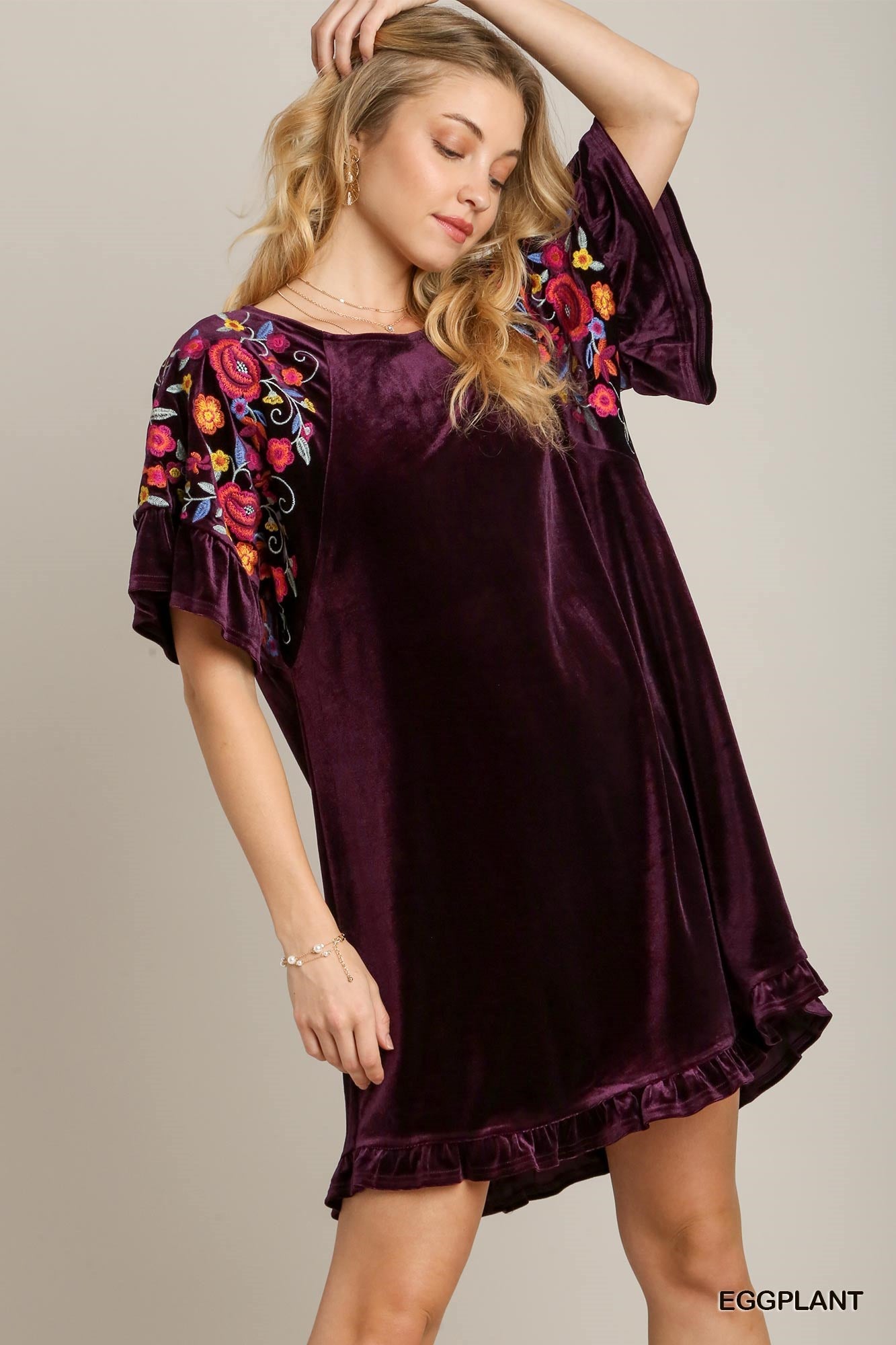 Eggplant Velvet Embroidered Dress