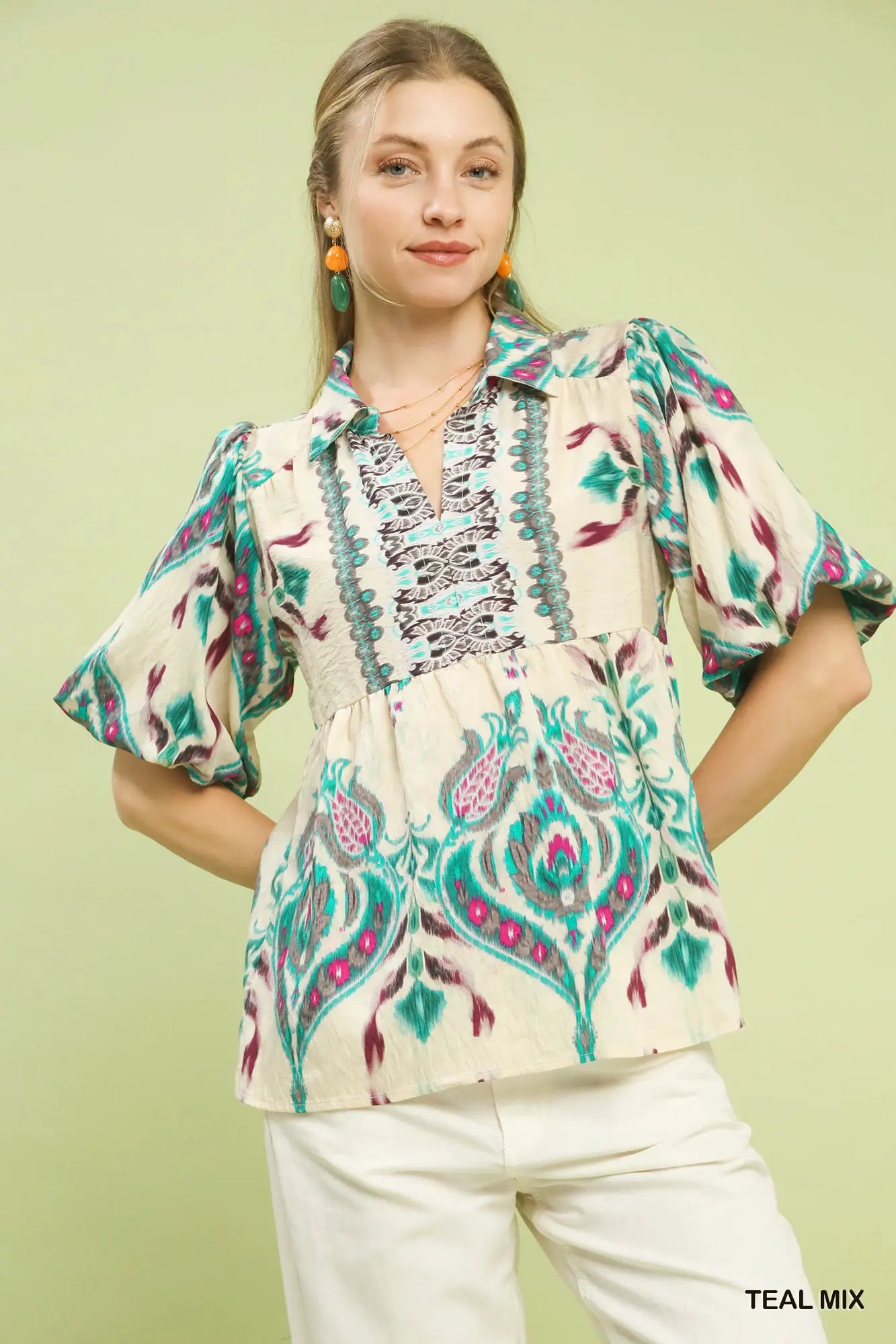 Boho Teal & Violet Peasant Top