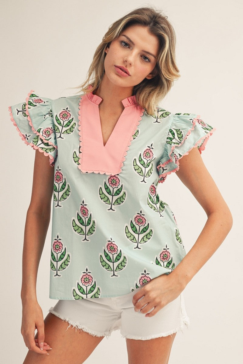 Pink & Seafoam Boho Top