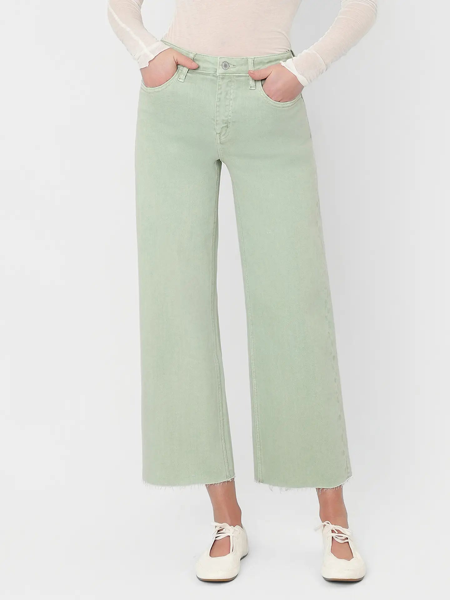 High Rise Mint Color Crop Wide Leg Jeans