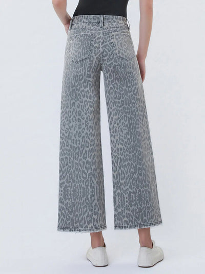 Vervet High Rise Grey Leopard Print Crop Wide Leg Jeans