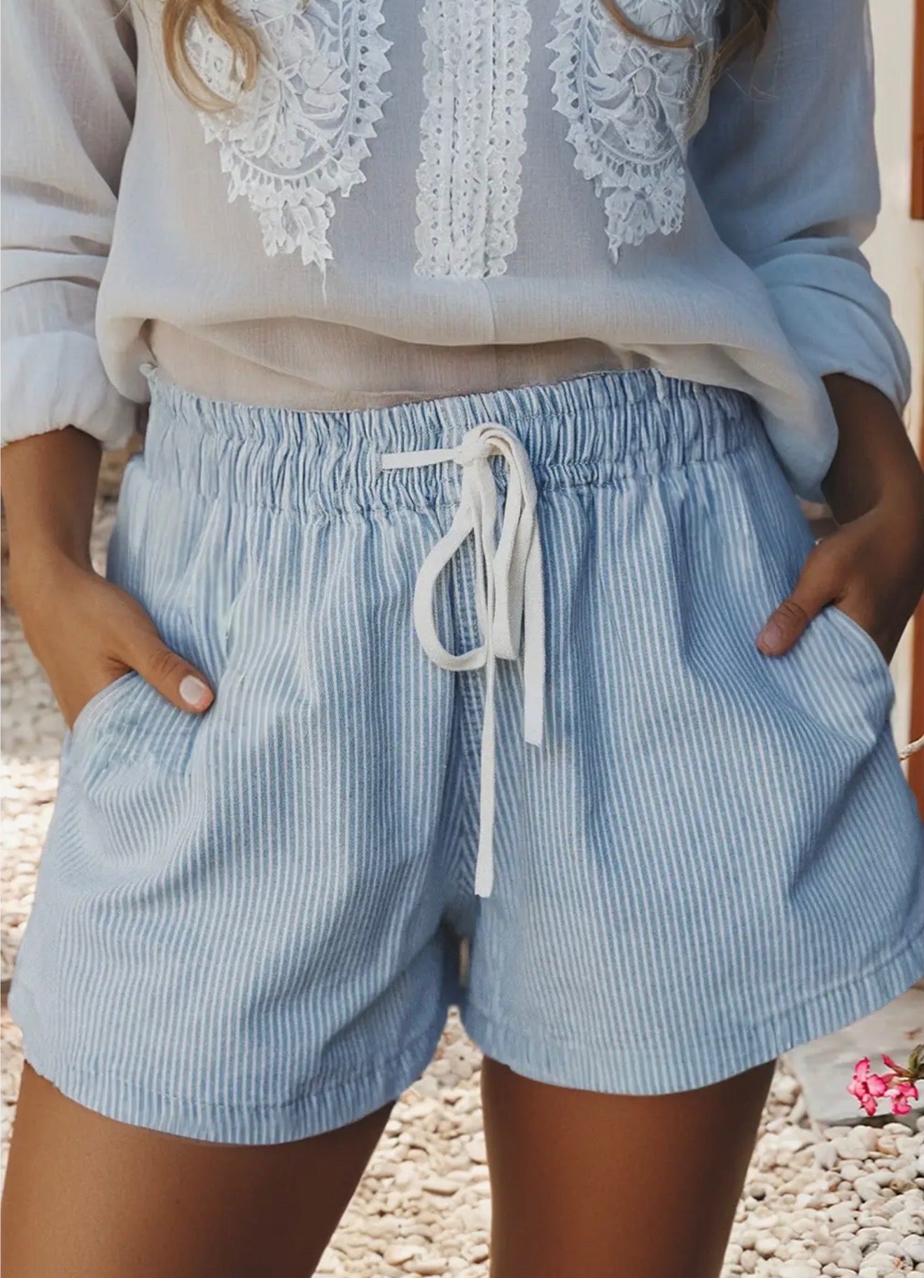 Blue & White Stripe Drawstring Shorts