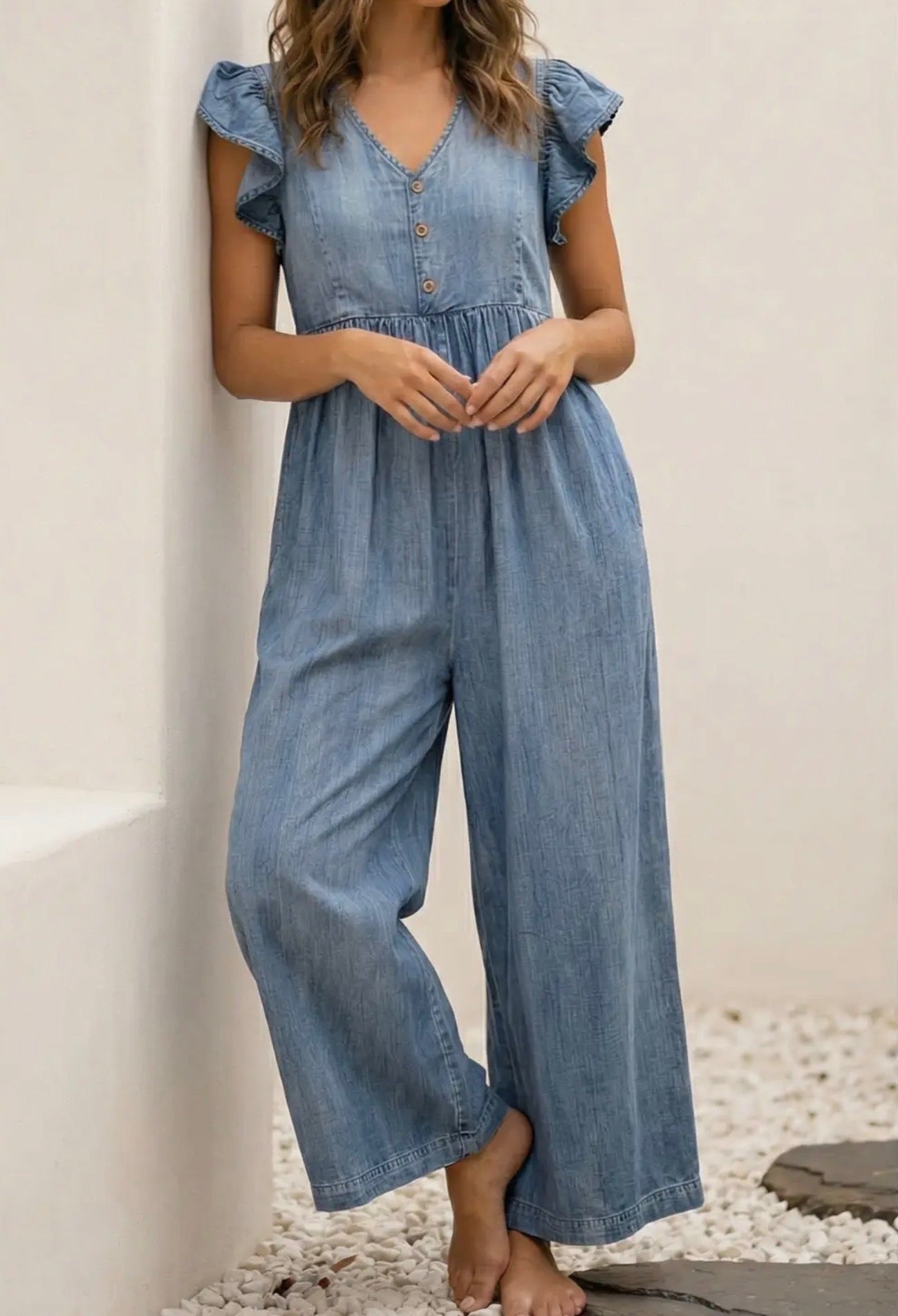 Ruffle Sleeve Denim Jumpsuit